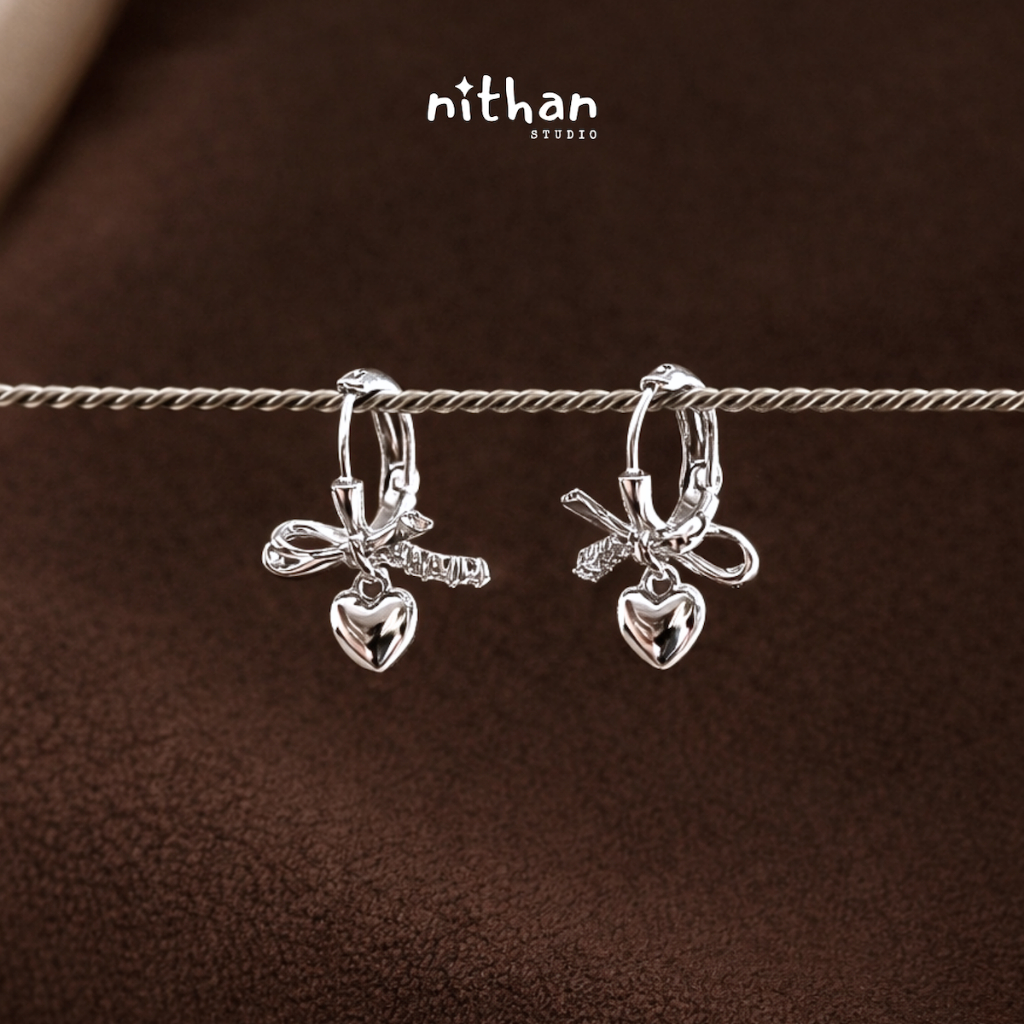 Nithan ต่างหูห่วงโบว์ห้อยหัวใจ ประดับเพชร I First Love Bow Hoop Earrings (Hoop 9 mm) I เงินแท้ 925 S