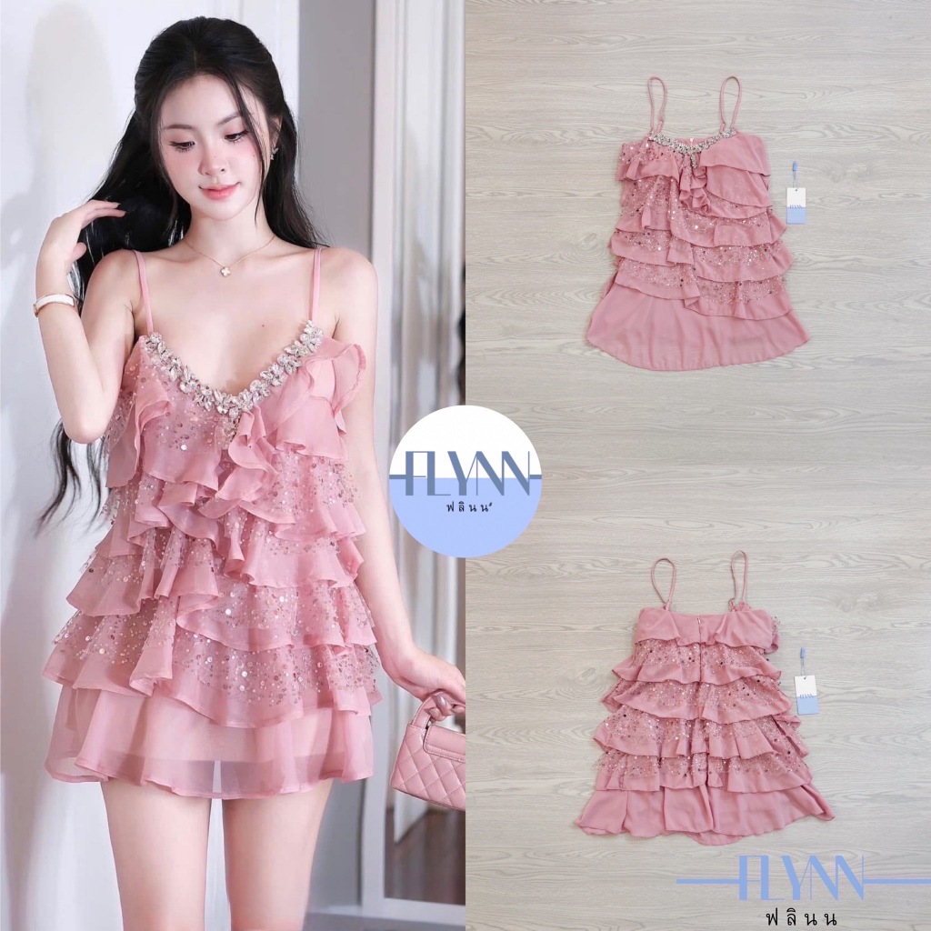 FLYNN :ชุดเดรสระบายทั้งตัวแต่งกริตเตอร์-Pink