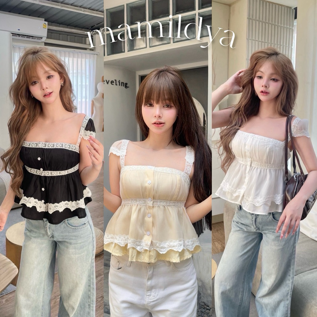 🌟Mamildya.shop🌟  เสื้อสายเดี่ยว แต่งลูกไม้/ Q1-4/NUSA-ไหล่⚫