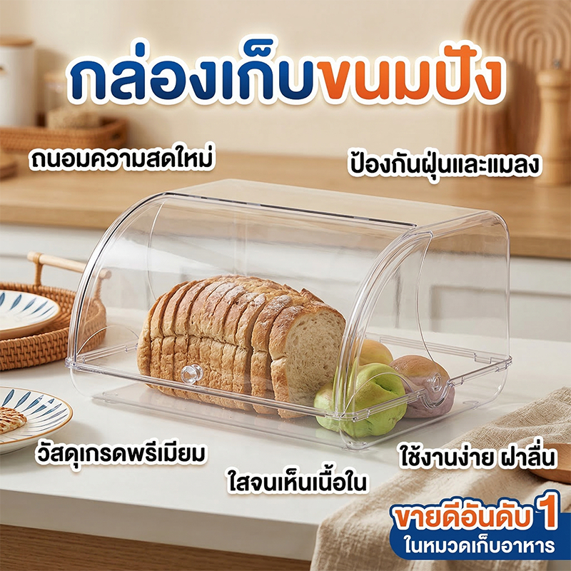 ที่เก็บขนมปังสไตล์โมเดิร์น ทำจากวัสดุ PET ฝาปิดพลิก ทนทาน ป้องกันฝุ่น เหมาะสำหรับเก็บเบเกอรี่