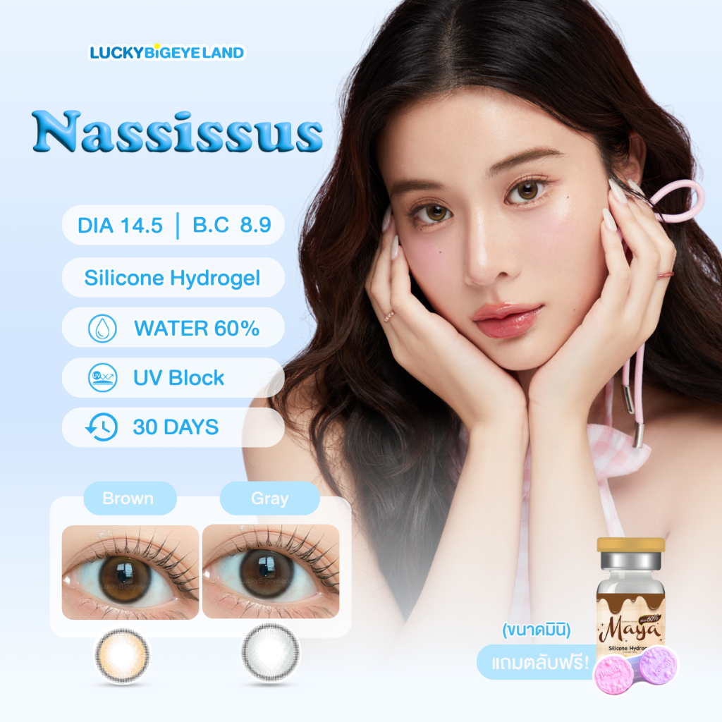 รุ่นเก้า เลนส์ซิลิโคนไฮโดรเจล ⭐️ คอนแทคเลนส์ Nassissus Brown / Gray (Mayalens) ขนาดมินิ 💙 คล้าย Double Tint Olens