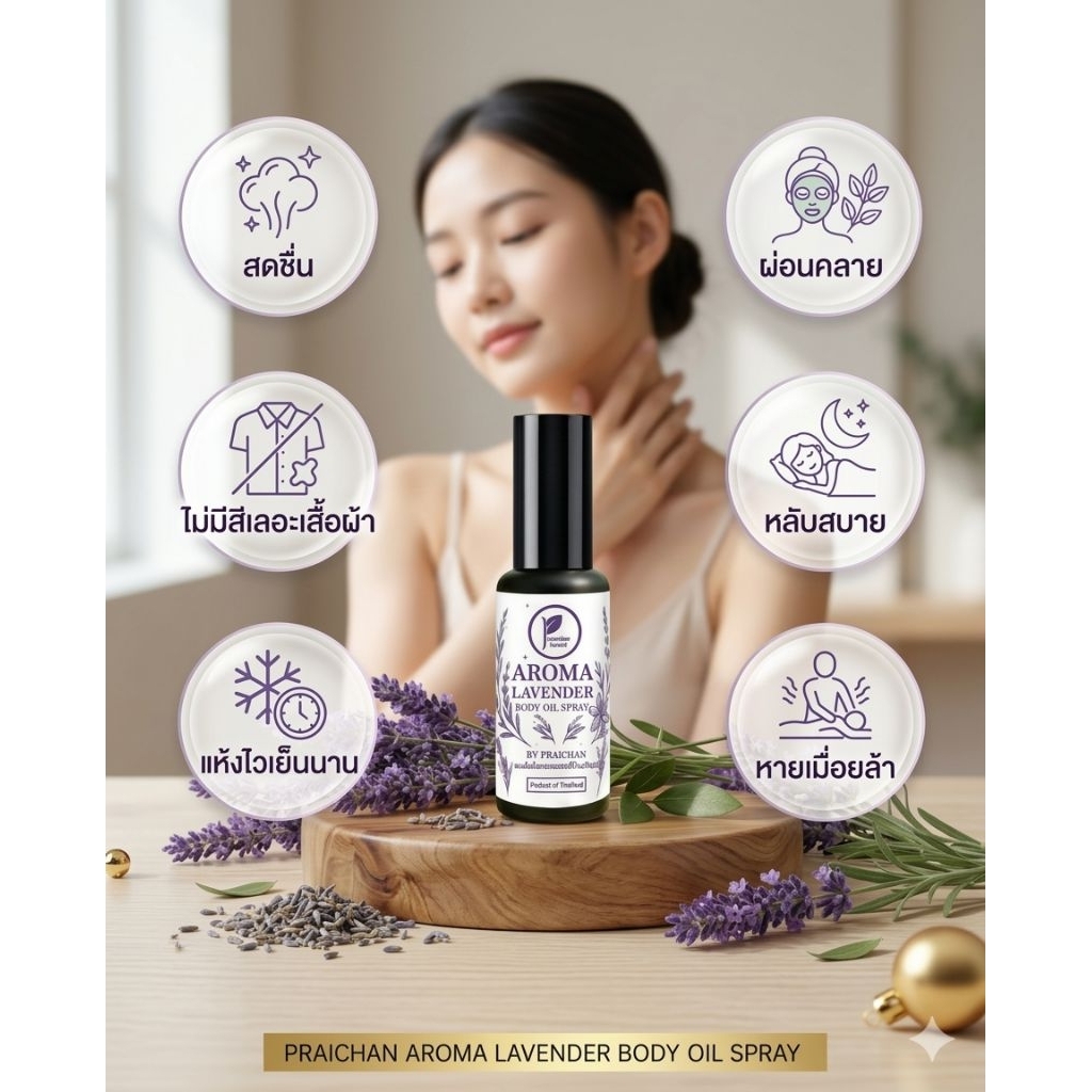 น้ำมันอโรม่าลาเวนเดอร์ออยล์​ไพรจันท์สูตรเย็น​ ทานวดหอมเย็นสดชื่นช่วยนอนหลับ