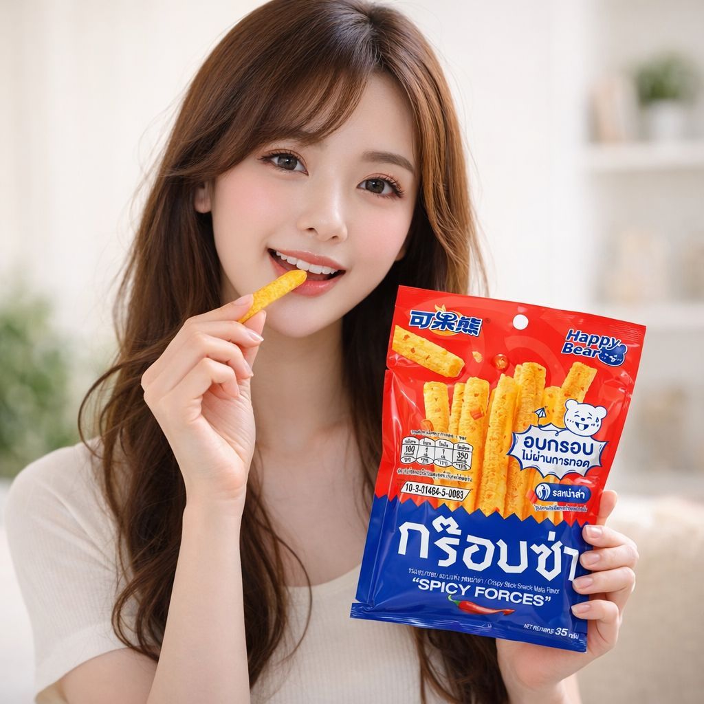 กร๊อบซ่า ขนมแท่งอบกรอบ รสหมาล่า เผ็ดชา สไตล์เสฉวน ไม่ทอด Happy Bear 35g
