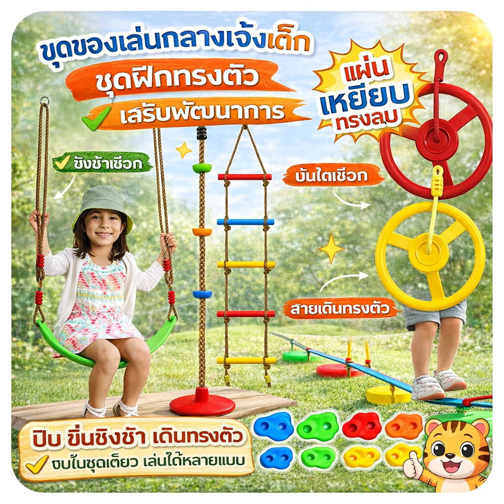 ของเล่นกลางแจ้งเด็ก ชุดฝึกทรงตัว เสริมพัฒนาการ เชือกชิงช้า บันไดเชือก สายเดินทรงตัว เล่นสนุก