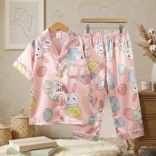 Babyonline(Y560)2J5 (ส่งด่วน1วัน) ชุดนอนผ้าซาตินเด็กผู้ชายและเด็กผู้หญิงแขนสั้นกางเกงขายาว ผ้านุ่ม ลื่น ใส่สบาย