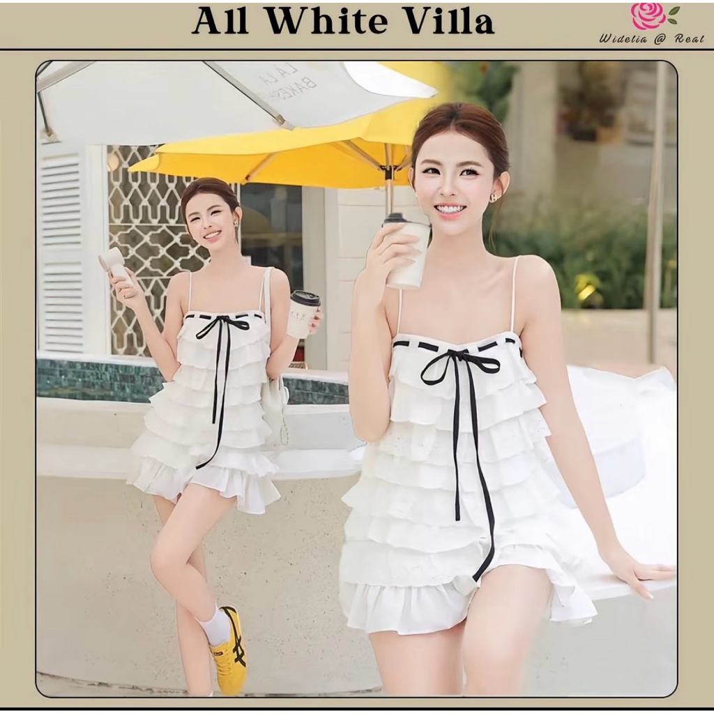 Widelia@Real (M) All White villa set ชุดเซ็ต 2 ชิ้น เสื้อสายเดี่ยว แต่งดีเทลโบว์ แต่งระบายชั้นเป็นชั