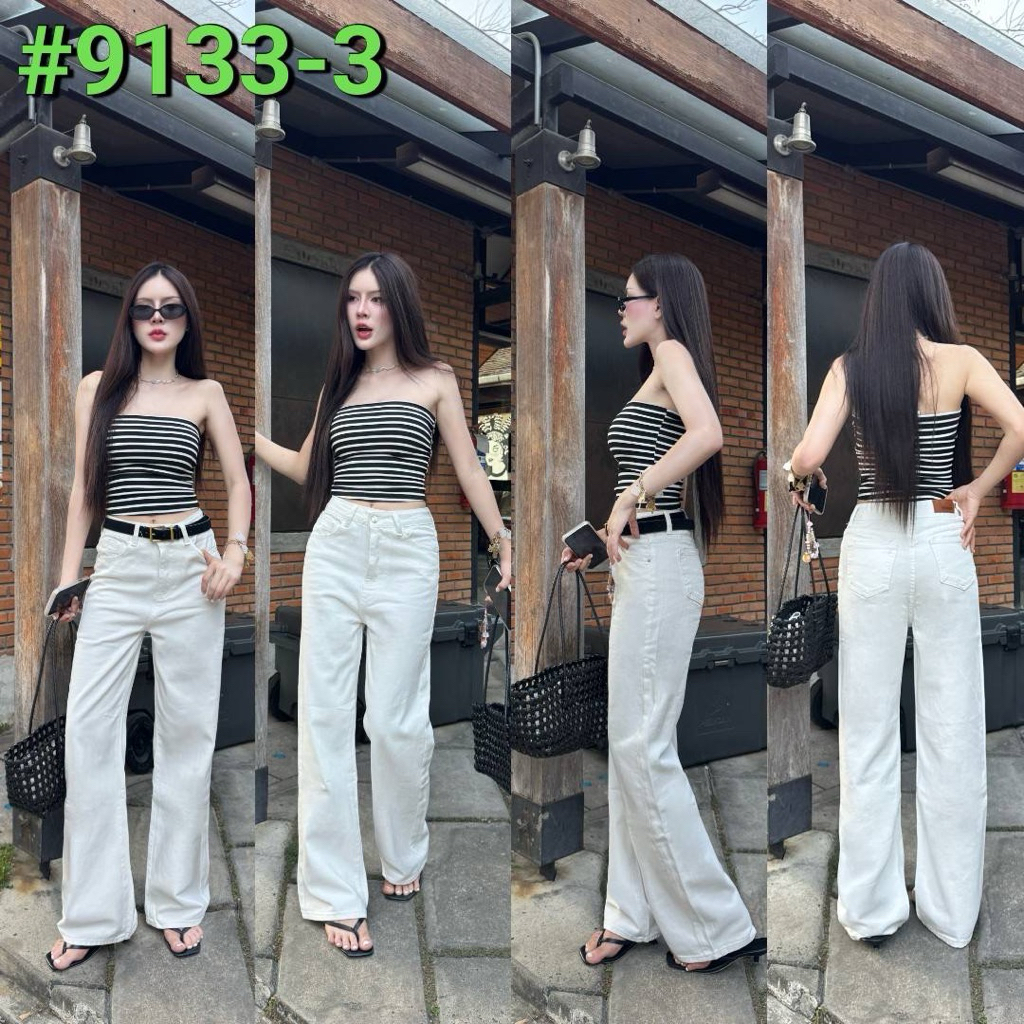 กางเกงยีนส์ทรงกระบอกสีขาว ป้ายวินเทจ พร้อมส่ง