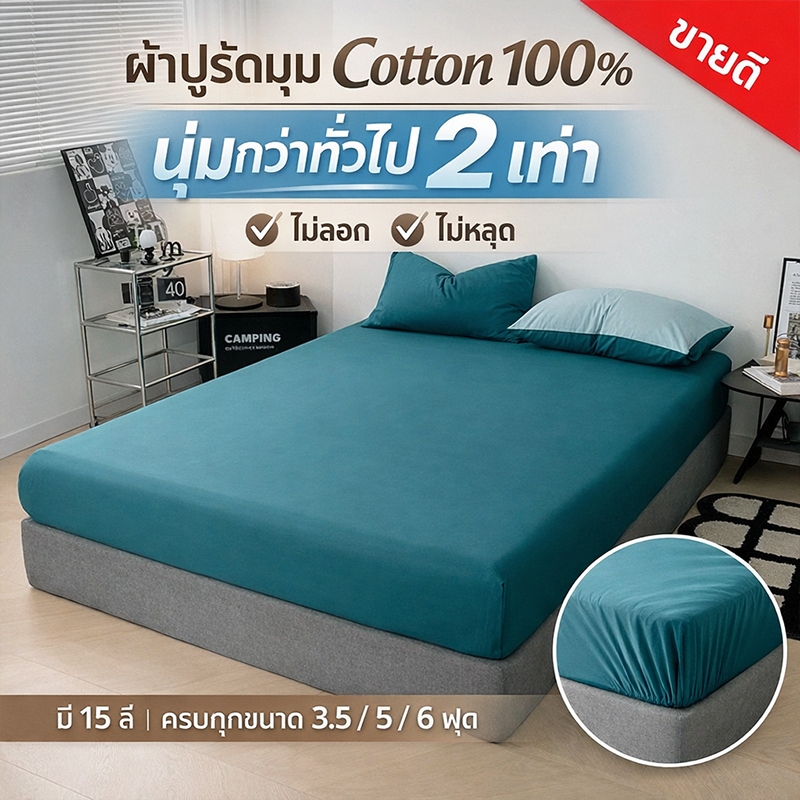 ผ้าปูรัดมุม cotton 100% นุ่มมาก ไม่ลอก สีไม่ตก มี 15 สี ขนาด 3.5/5/6 ฟุต