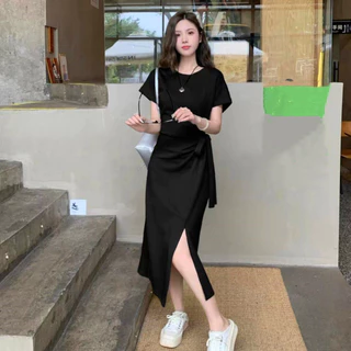 628 เดรสยาวผูกเอว แขนสั้น ผ่าข้างเซ็กซี่ ทรงเข้ารูป ความยืดหยุ่น สไตล์ใหม่รับซัมเมอร์ สไตล์ฝรั่งเศส