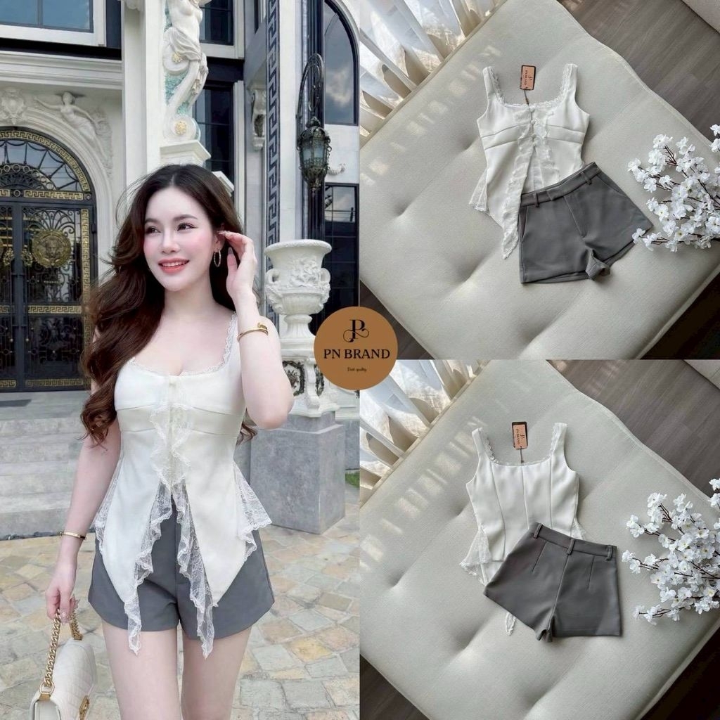PN เซต 2 ชิ้น เสื้อทรงคอร์เซ็ต ดีไซน์หรู คอเหลี่ยมแต่งขอบลูกไม้จับแมชท์กับกางเกงขาสั้นทรง Tailored เ