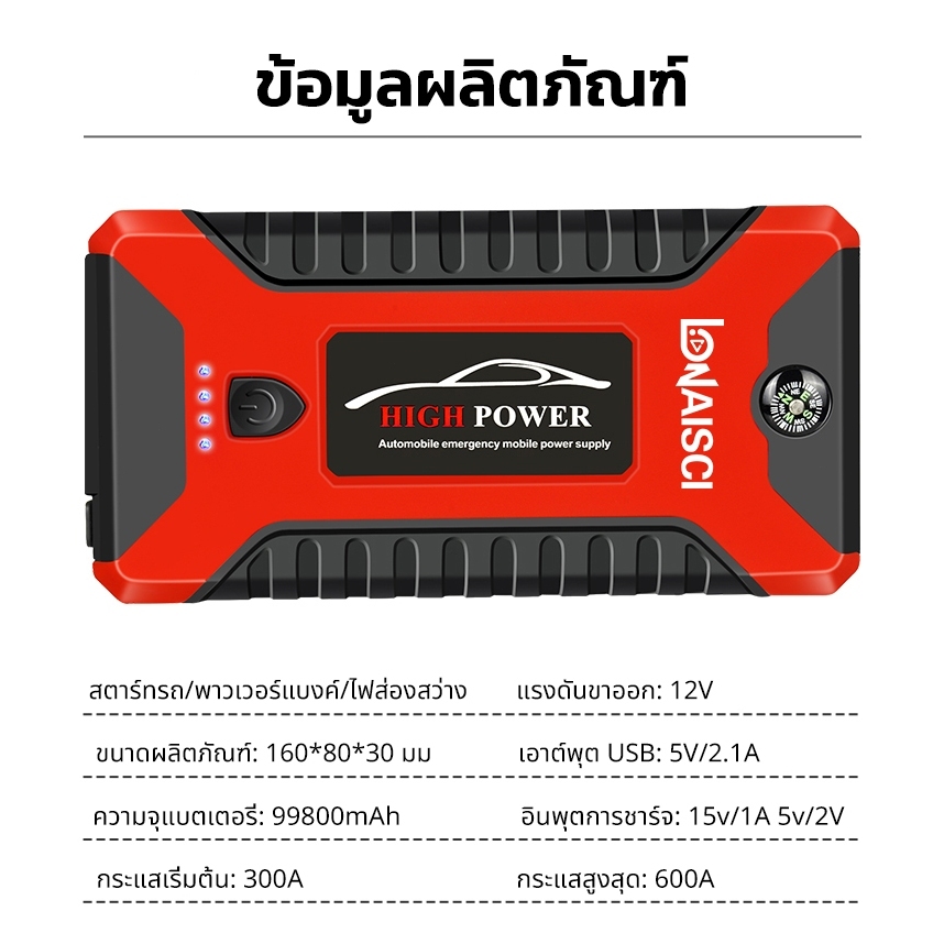 จั้มสตาร์ท 12V พาวเวอร์แบงค์ เครื่องชาร์จรถยนต์แบบพกพา อุปกรณ์ช่วยสตาร์ทรถยนต์ จั๊มสตาร์ทรถยนต์ jumpstart powerbank ราคา ถูกที่สุด ดีลบีเคเค แกลเลอรีภาพที่ 9