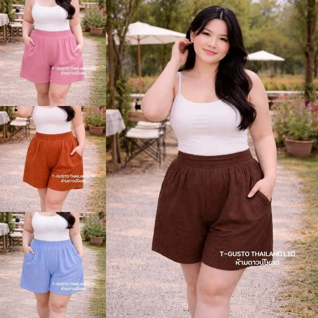 A30กางเกงขาสั้นสาวอวบ-ผ้าท๊อฟฟี่เอวสม็อคหน้า-หลังเอว28-50 ผ้านิ่มใส่สบาย