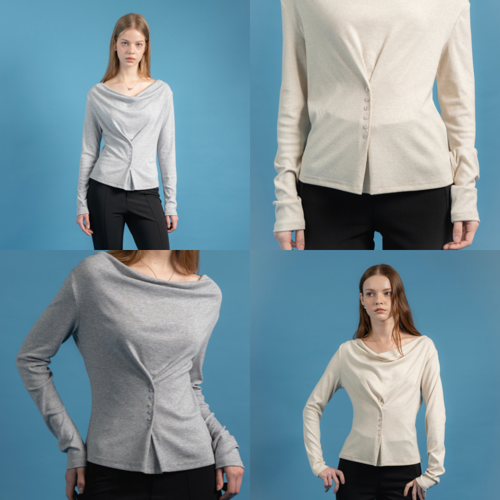 EVERYDAY - Illit Top เสื้อแขนยาวปาดไหล่ คอถ่วง แต่งกระดุม