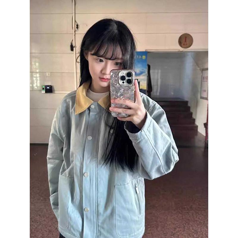 เสื้อแจ็กเก็ตทำงานสไตล์อเมริกันแบบเย็บปะติดปะต่อกัน สีน้ำเงินใหม่สำหรับผู้หญิง