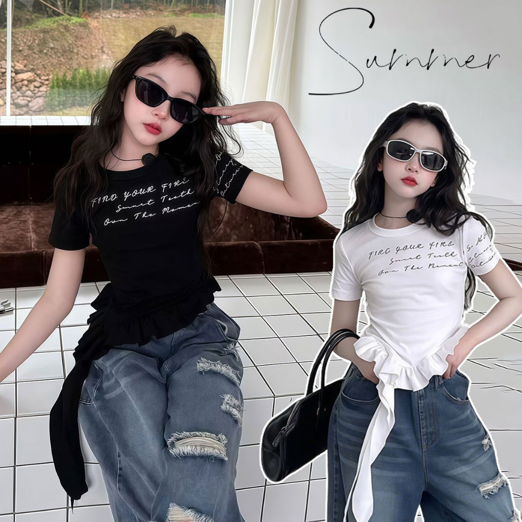 Beryl kids🌸เสื้อผ้าเด็กแฟชั่น🎀เสื้อยืดแขนสั้นเด็กผู้หญิง พิมพ์ตัวอักษร สไตล์เกาหลี กระชับสัดส่วน เท่สวย สวมใส่สบายฤดูร้อ