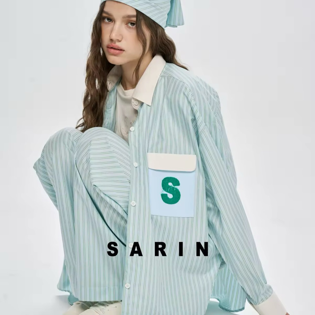 Sarin PuiPui pinstripe shirt pine blue (New in packมือ1) ✨✨ เสื้อเชิ้ต ลายปัก ปุยปุย sarin