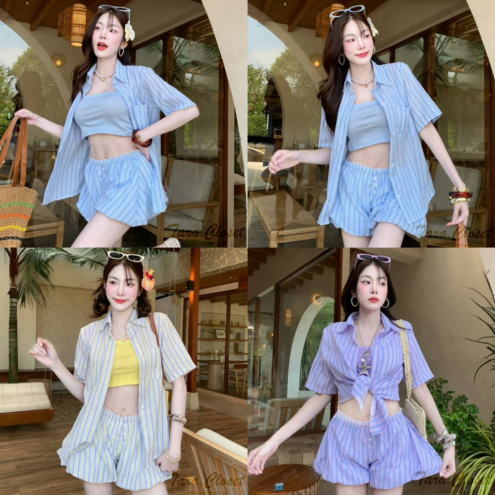 BA116 TARA SET 3 ชิ้น เสื้อเชิ้ต คอปกฮาวาย กระดุมหน้า + เกาะอก + กางเกงทรงบอลลูน เอวยางยืด เนื้อผ้าไหมครัช ผ้าดี