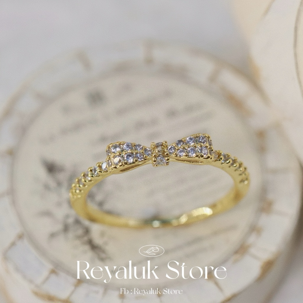 แหวน 🎀 โบว์เพชร สีทอง มีไซส์ 5-9 (49-60 มิล) 🎀 แหวนสแตนเลส ตัวเรือนหุ้มทอง18k