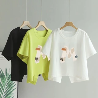 เสื้อครอปสาวอวบน่ารักสไตล์เกาหลี oversize เสื้อผ้าคนอ้วนไซส์ใหญ่ เสื้อยืดสวยๆผู้หญิงฤดูร้อนใหม่ ผ่าด้านหลัง ผ้าใส่สบาย