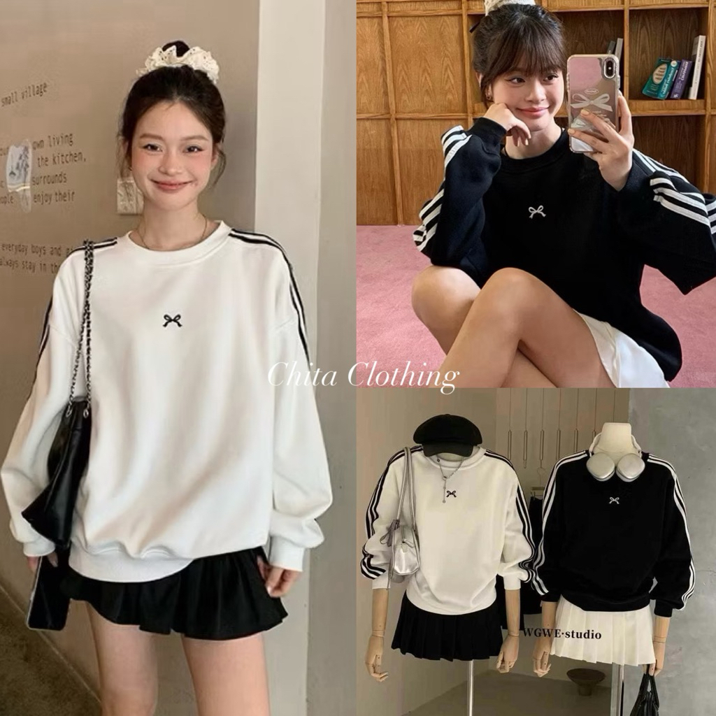 📍พร้อมส่ง📍2705 เสื้อสเวตเตอร์คอกลม แขนยาว แต่งแถบแขน ปักลายโบว์ด้านหน้า โทนสีพื้นTAG WG.WE 🇰🇷🇰🇷
