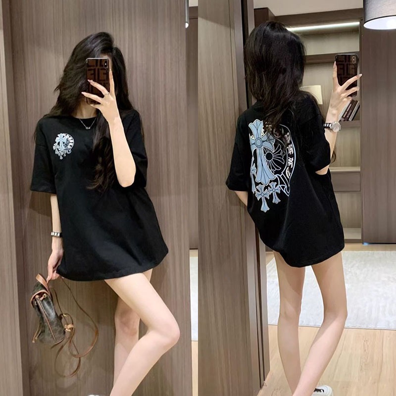 KKS✨พร้อมส่ง✨เสื้อยืดผู้หญิง แขนสั้น ผ้าคอตตอนแท้ โอเวอร์ไซส์ เนื้อผ้านิ่ม สวมใส่สบาย สตรีท เกาหลี กางเขน ไซส์ M-XXL