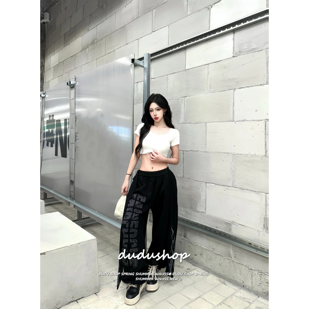 [Jazz dance letter print sports wide-leg pants]กางเกงกีฬาขากว้างสไตล์เกาหลีสำหรับผู้หญิงพิมพ์ลายตัวอักษรกางเกงลำลอง