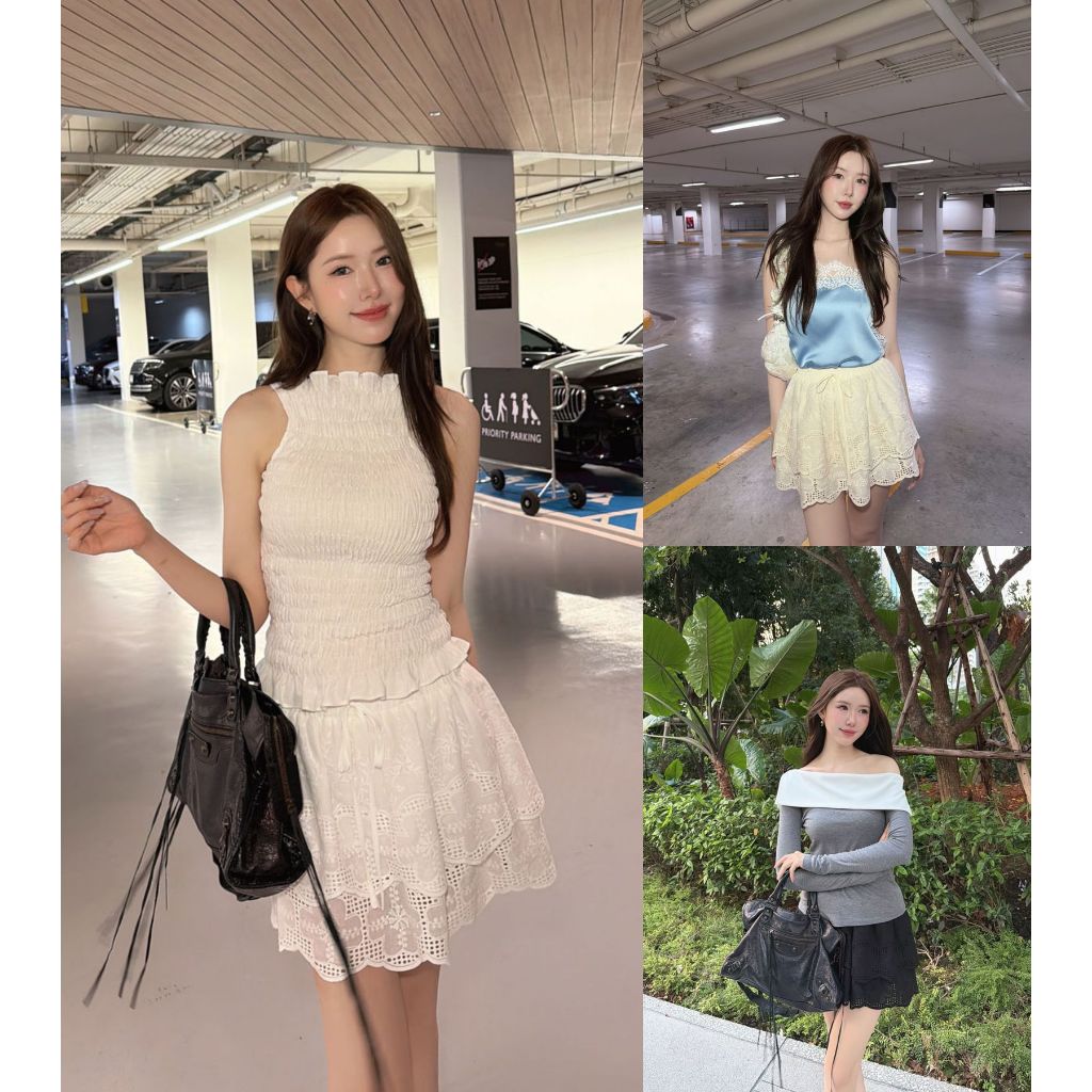 ส่งด่วน🚨 ขาว/ครีม/ดำ SLYQ SUNSHINE TIERED LACE SKIRT กระโปรงลูกไม้ฉลุระบายสองชั้นเอวยางยืด