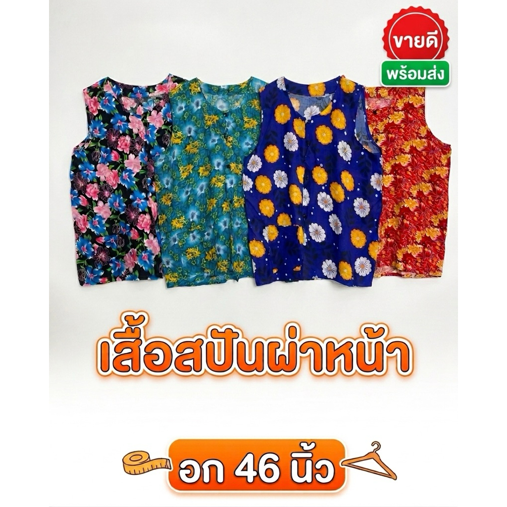 เสื้อคอลมแขนกุดผ้าสปันลายดอกไม้ ผ่าตลอด ไซส์ใหญ่ อก46 นิ้ว ตัวยาว 24.5 นิ้ว ใส่สบายมาก#เสื้อผู้ใหญ่#เสื้อคนแก่