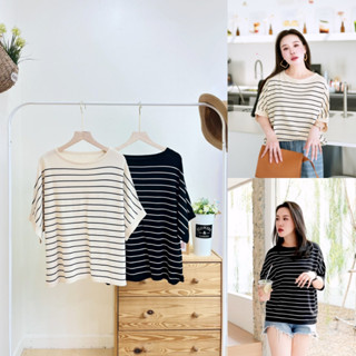 Lynlalin เสื้อไหมพรมเกาหลีทรงแขนผีเสื้อ ลายทางขวางตัดสีทูโทน…