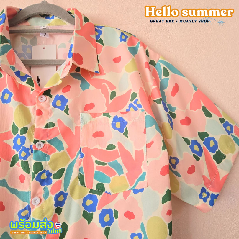 เสื้อฮาวาย ลายดอกชมพูอ่อน สีพาสเทล แขนสั้น สไตล์เกาหลี 2026 thumbnail 9