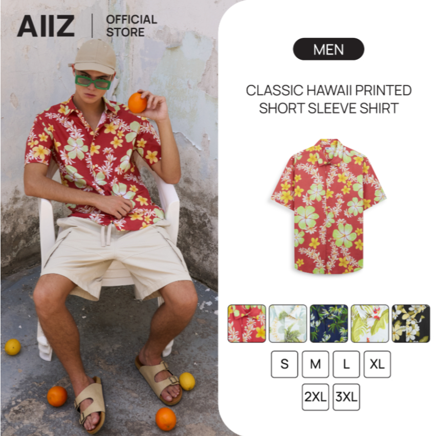 AIIZ เสื้อเชิ้ตผู้ชายแขนสั้นพิมพ์ลาย