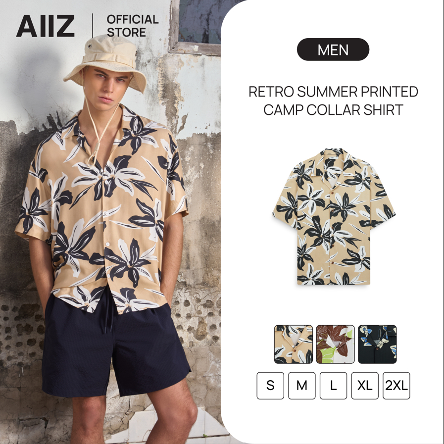 AIIZ เสื้อเชิ้ตฮาวายผู้ชายแขนสั้นพิมพ์ลาย