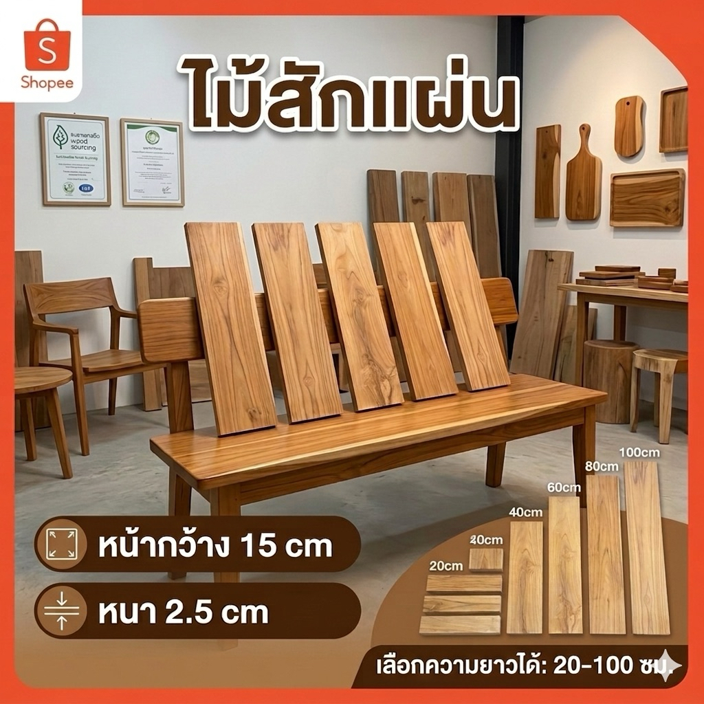 ไม้สักแผ่นพร้อมใช้งานหนาพิเศษ กว้าง 15 ซม. ยาว20-100ซม. หนา2.5ซ.ม