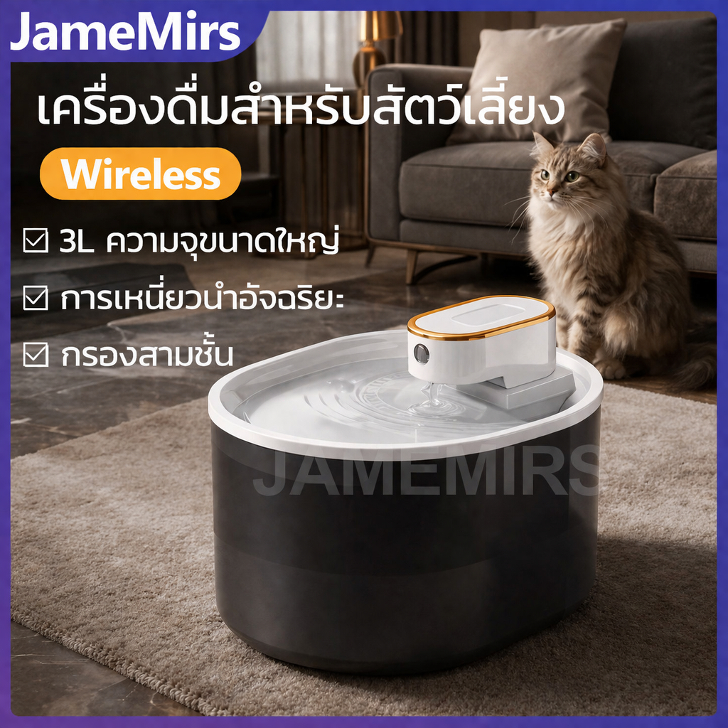 JameMirs น้ำพุแมวไร้สาย  เครื่องดื่มน้ําสัตว์เลี้ยงอัตโนมัติ ความจุน้ำ4.5L ที่ให้น้ำแมวระบบเซนเซอร์