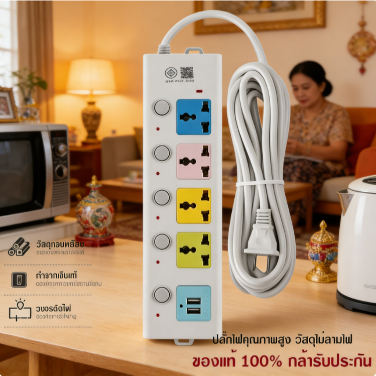 ปลั๊กไฟ 4 ช่อง พร้อม USB 2 ช่อง สายไฟยาว 3/5/8 เมตร ใช้งานสะดวกปลอดภัย