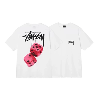 เสื้อยืดคอตตอนคุณภาพสูงสำหรับผู้ชาย เสื้อสั้นลายลูกเต๋าสไตล์ Stussy สตรีทอเมริกันหลวมๆ