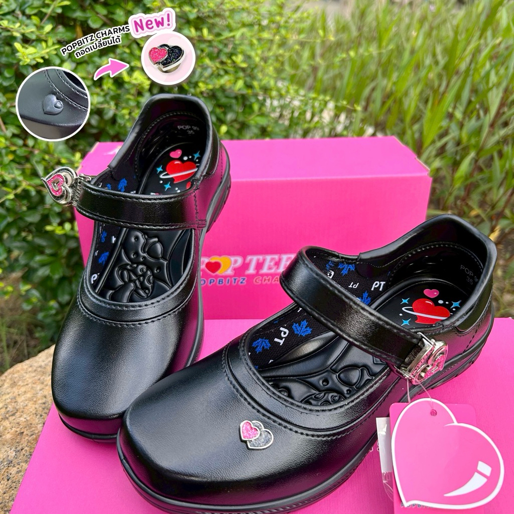 💦พร้อมส่ง💦POPTEEN ป๊อบทีน รุ่นใหม่ 2024 รหัส PT99 มีไซส์ 30-42 มาพร้อมกับหัวใจตุ๊งติ๊ง รองเท้านักเรียนหญิง รองเท้าหนังดำ