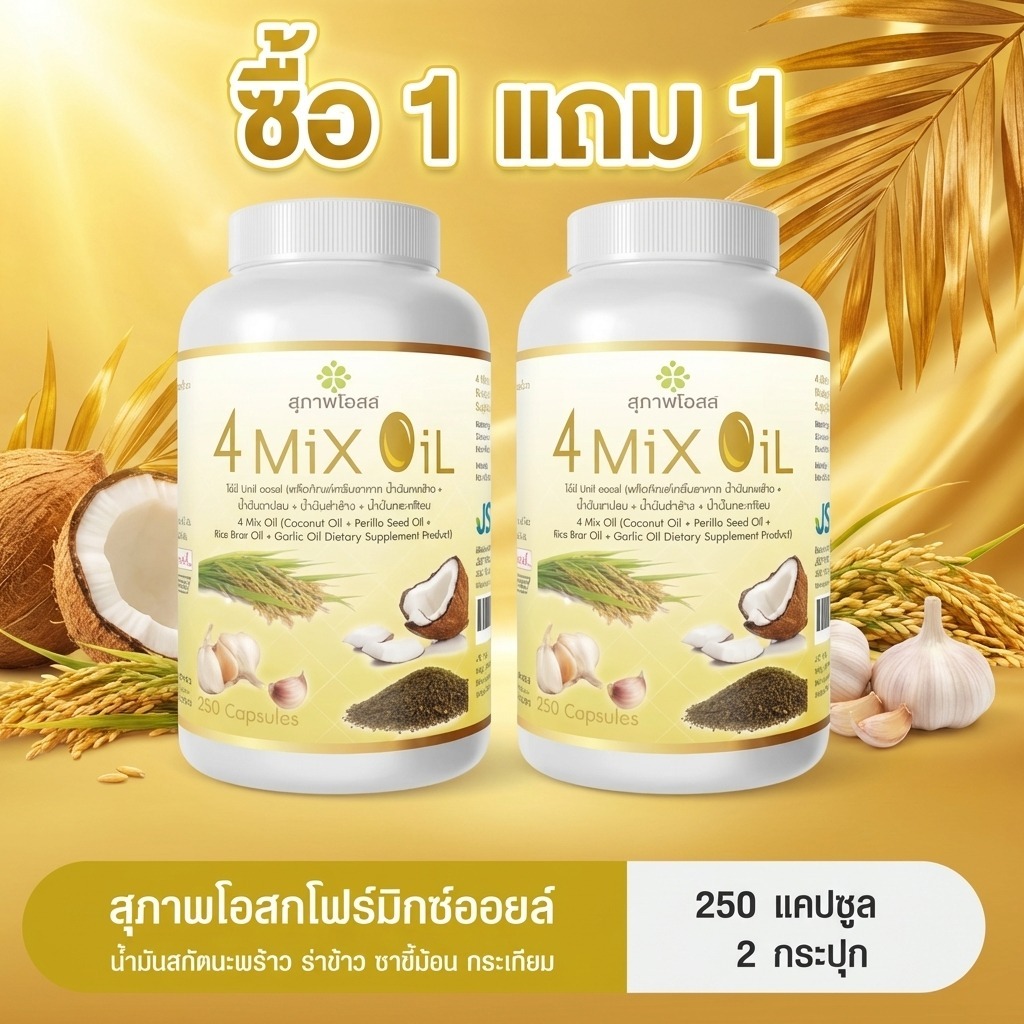 [ซื้อ 1 แถม 1]4 Mix Oil (250 แคปซูล) สุพัฒน์โอท น้ำมันผสม 4 ชนิดที่สกัดจากมะพร้าว รำข้าว งา และกระเทียม