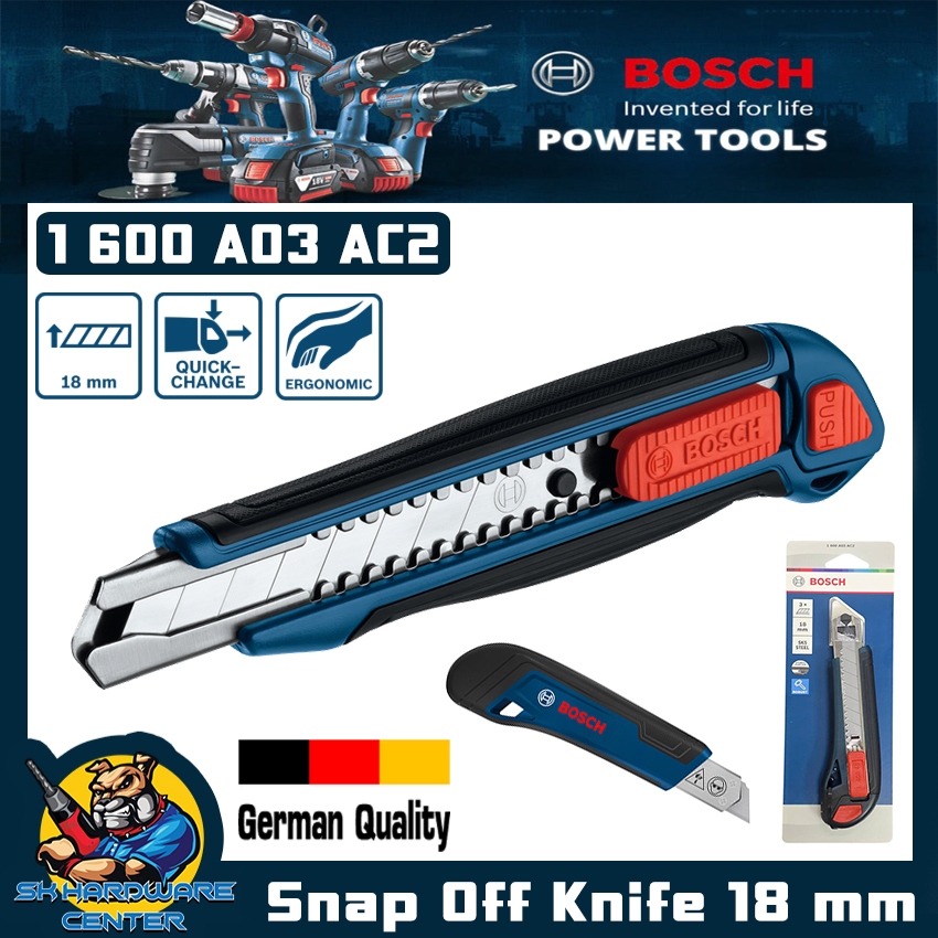 ฺBOSCH มีดคัตเตอร์ที่แข็งแรงทนทานและใช้งานง่าย Snap Off Knife ขนาด 18 mm รหัส 1 600 A03 AC2
