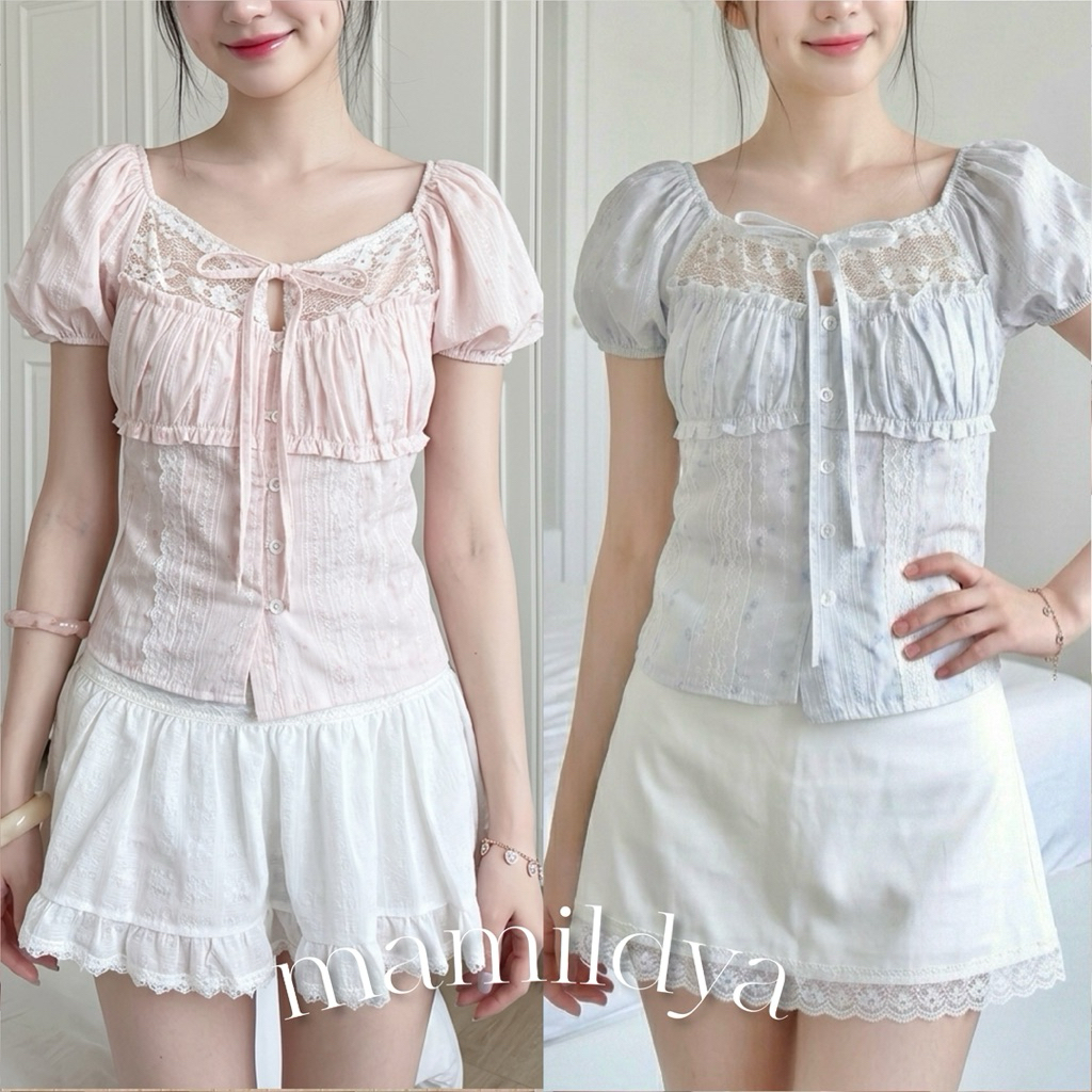 อกเป็นผ้า2ชั้น 🌟Mamildya.shop🌟 เสื้อแขนพองหน้าอกแต่งลูกไม้/ S1-5/TOT-คอลูกไม้⚫