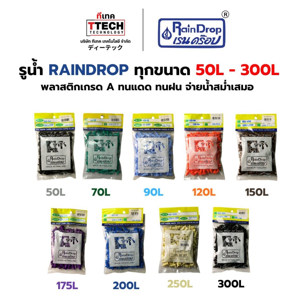 รูน้ำ รูจ่ายน้ำ Rain Drop 70/90/120/150/175/200/250/300  ลิตร/ชั่วโมง ถุงละ 100 ชิ้น