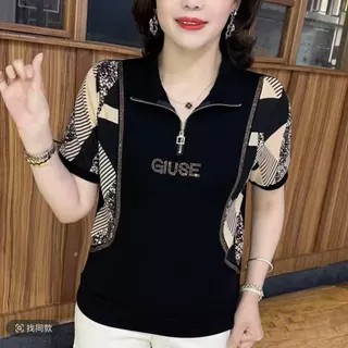 เสื้อตัวเล็กสำหรับคุณแม่ต่อลายใหม่ปี 2026 เสื้อเชิ้ตคอเปิดครึ่งซิปสำหรับวัยกลางคนและผู้สูงอายุ เสื้อแขนสั้นประดับพลอยเที