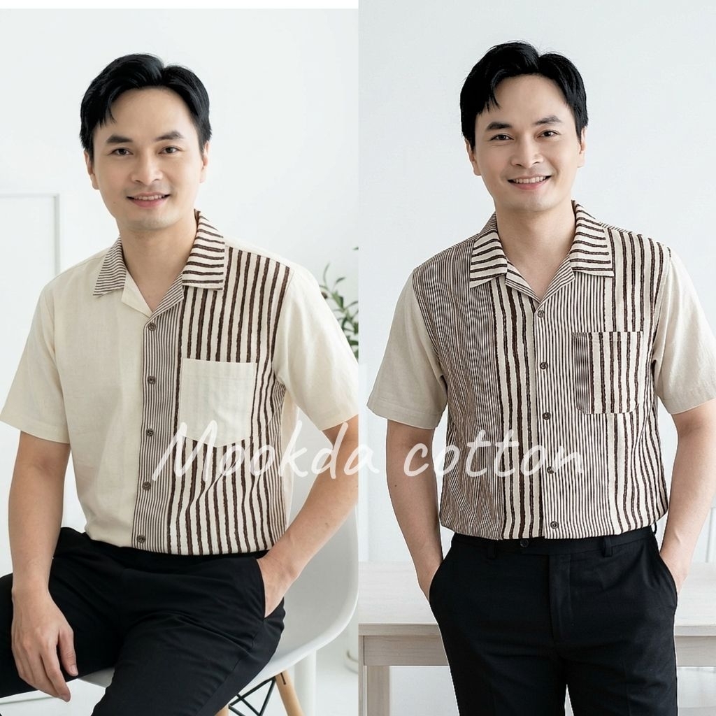 เสื้อคอปกลายบารโค้ดสีครีม อก42-52นิ้ว