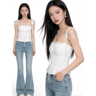 STR พร้อมส่ง🎐🌷เสื้อสายเดี๋ยวเสื้อสไตล์ลูกคุณหนูดีเทลลูกไม้ ชุดเจ้าหญิง เชื่อกผูกโบว์ จับจีบด้านหน้าสไตล์น่ารักเซ็กซี่