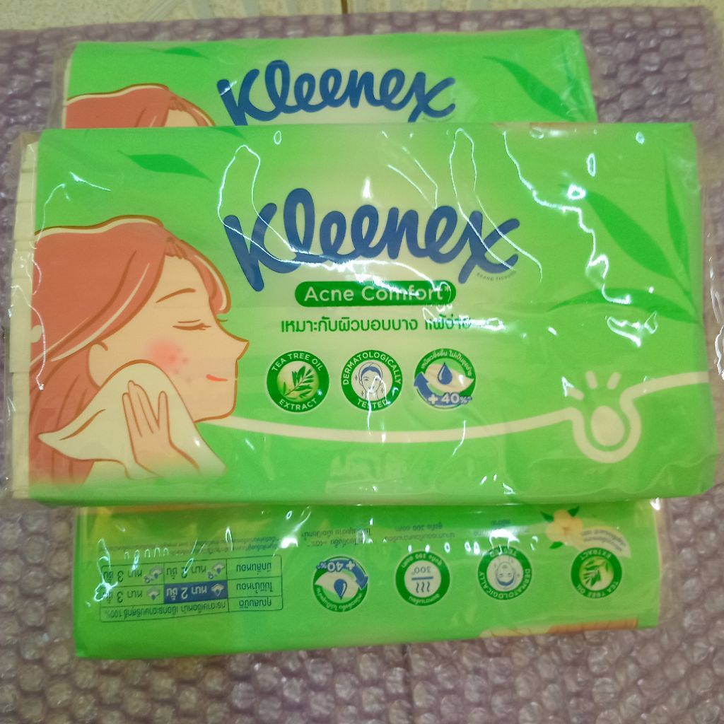 Kleenex brand tissue กระดาษทิชชู่ acne comfort ผิวบอบบาง เเพ้ง่ายใช้ได้ เหมาะกับเช็ดหน้า