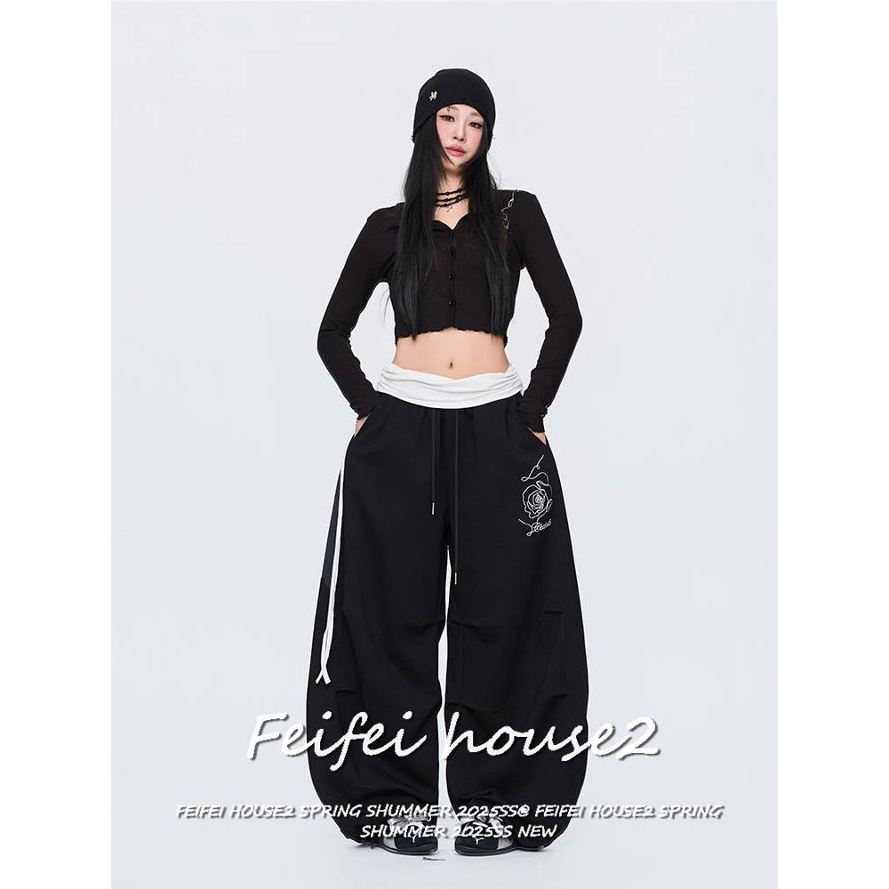 [Flowers print wide-leg pants]กางเกงผู้หญิงสไตล์ลําลองวินเทจสำหรับเต้นแจ๊สลายดอกไม้เชือกดึงรูขยายขา