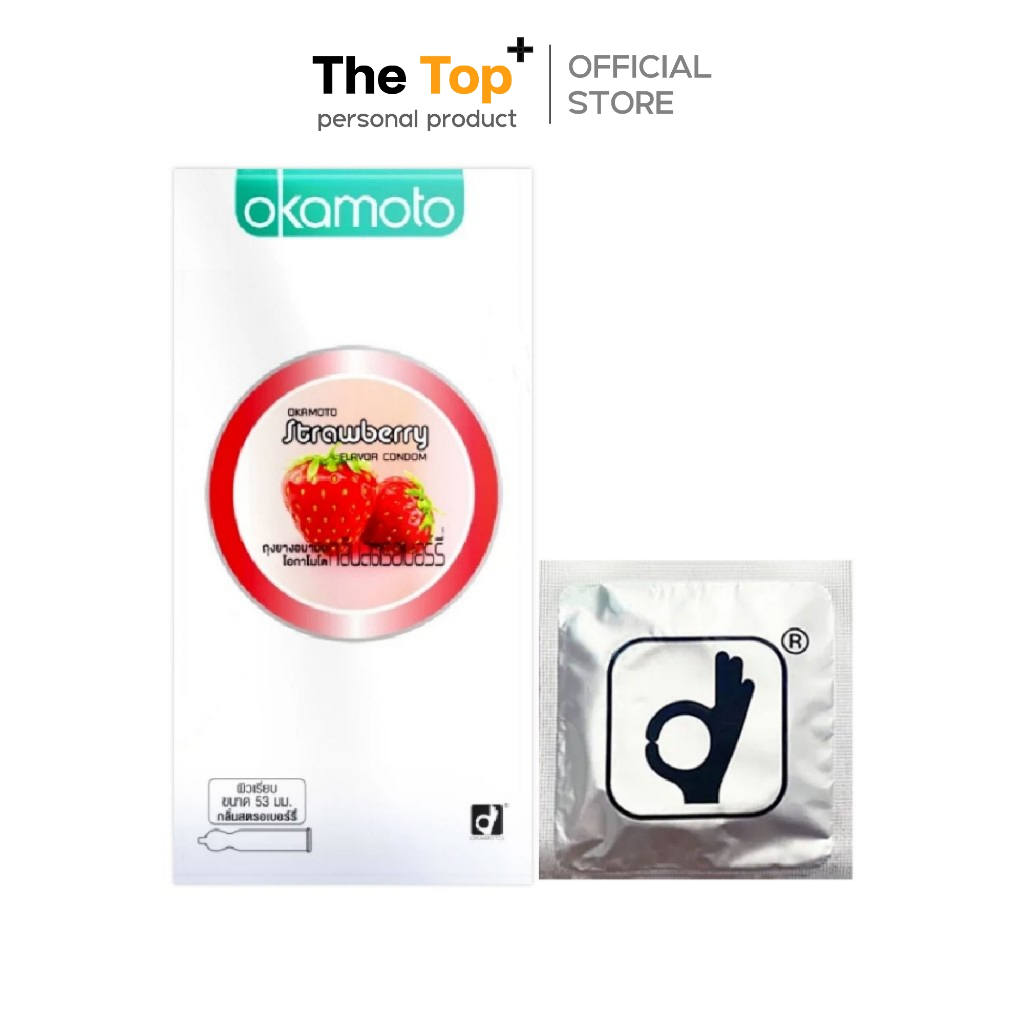 Okamoto ถุงยางอนามัย รุ่น Anatomic กลิ่นสตรอว์เบอร์รี เนื้อถุงยางสีชมพู ชนิดเรียบ บาง ไซส์ 53 มม.