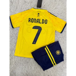 ชุดฟุตบอลเด็กสีเหลืองเบอร์7สกรีนชื่อRONALDOเสื้อ+กางเกง