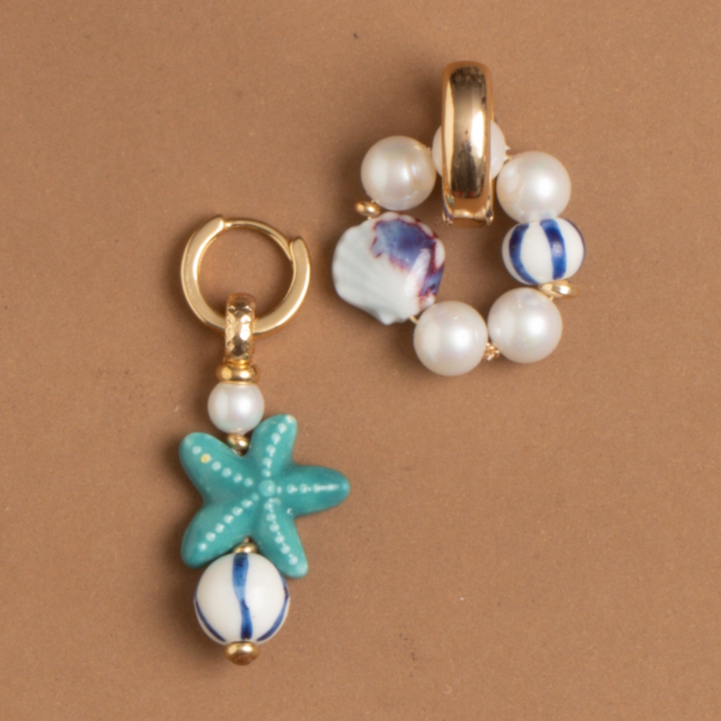 NAKAMOL - TEAL ASYMMETRICAL OCEAN EARRINGS ต่างหูโอเชียน สีฟ้าขาว