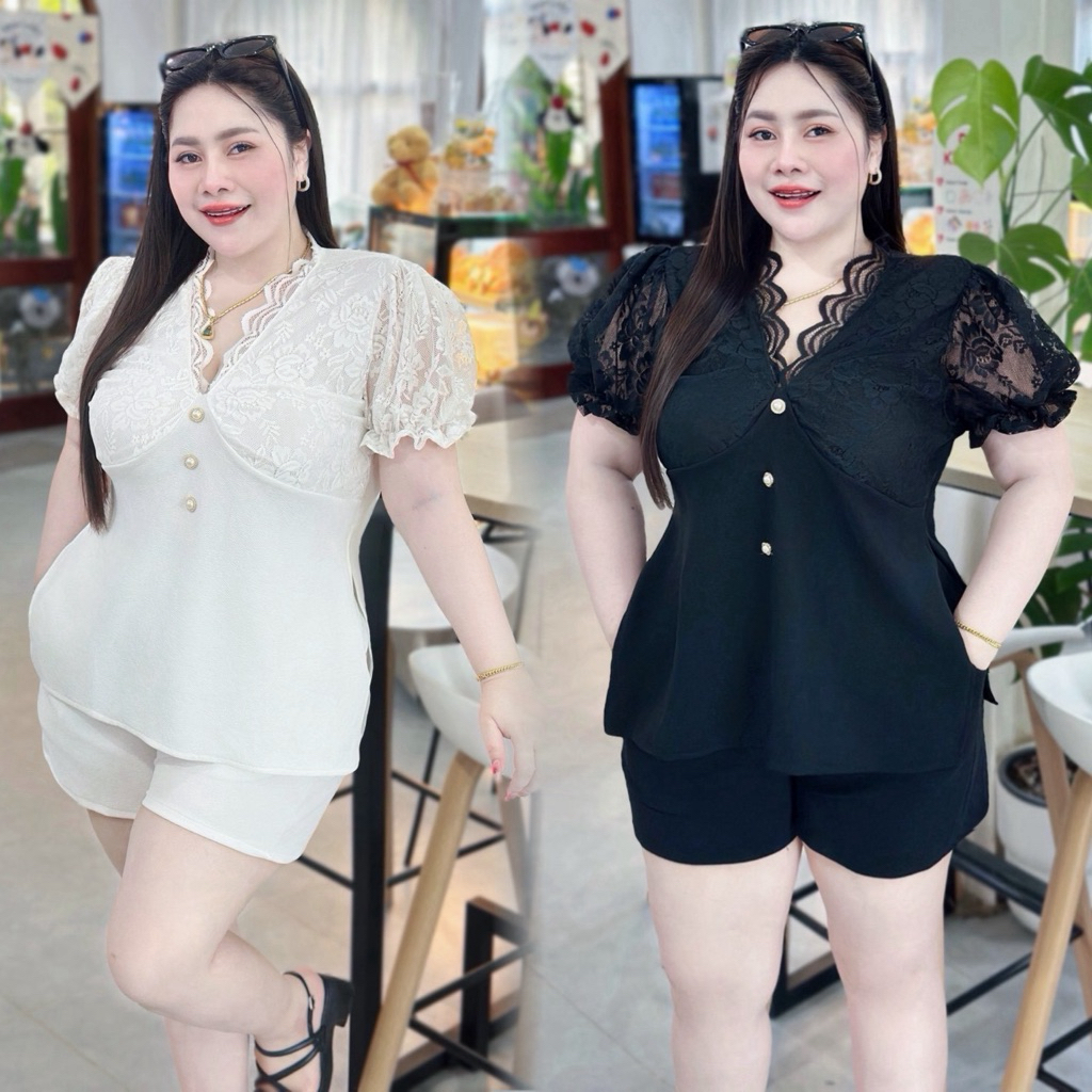 เซ็ท2ชิ้น เนื้อผ้าวูลเวฟ อก38-52 เสื้อแต่งอกลูกไม้+กางเกงขาสั้น  เอวสม็อคหลัง  F20